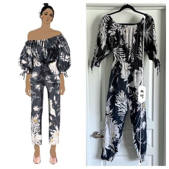 Anna Glover x H & M Floral Bee Print Linen Blend Jumpsuit Black White Size 6 - Picture 2 of 12